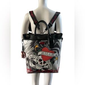 RARE Ed Hardy Silver and Red Skull Backpack & Tote Bag